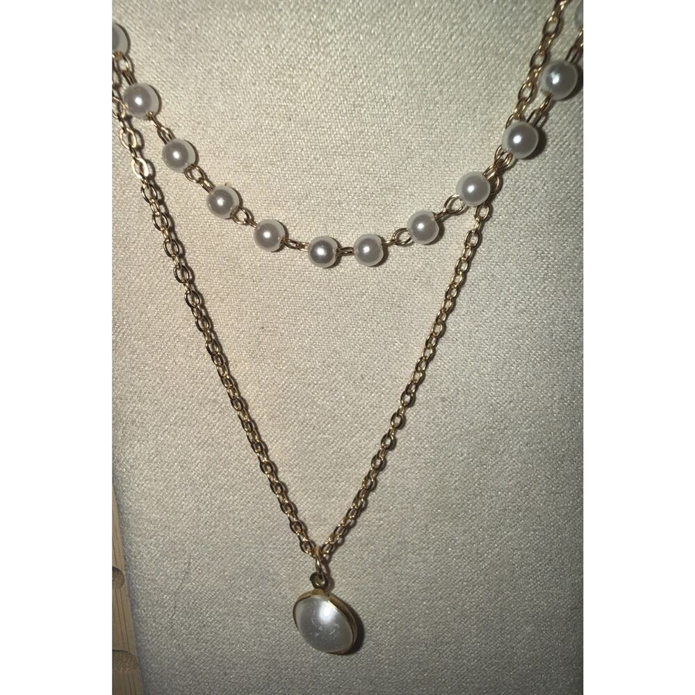 NWT Women’s Gold Plated Double Layer Faux Pearl Choker Adjustable Necklace